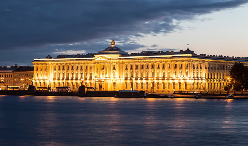 Night view of St Petersburg. Building of Academy of Arts – water excursions along rivers and canals